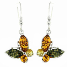 Boucles d'oreilles Papillons Ambre Multicolore et Argent 925. Boucles d'oreilles pendantes en Argent 925 et Ambre multicol...