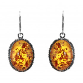 Boucles d oreilles Pendantes Ambre Ovale 22x16mm Ambre couleur cognac Montur argent vieilli Dimensions d une boucle (vue f...