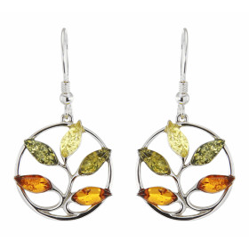 Boucles d'oreilles pendantes Arbre de Vie en Argent et Ambre Multicolore