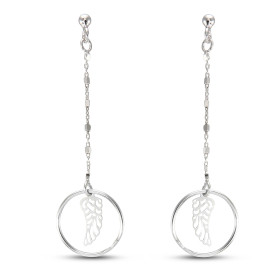 Boucles d oreilles pendantes argent rhodié composées d une plume dans un cercle 16mm diamètre d une chaînette fantaisie 1,...