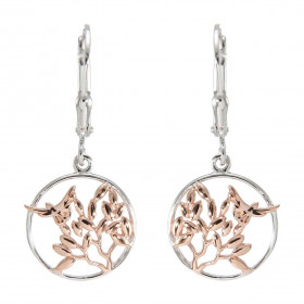 Boucles d'oreilles Pendantes Argent 925 Rhodié et Rosé Arbre et Oiseau