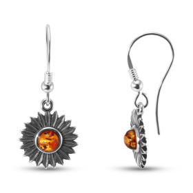 Boucles d oreilles pendantes argent 925 forme tournesol composées d une ambre couleur cognac 5mm diamètre Largeur : 14mm L...