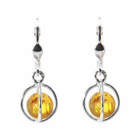 Boucles d'oreilles pendantes Ambre et Argent 925. Diamètre de la cage : 11mm. Longueur : 30mm. 