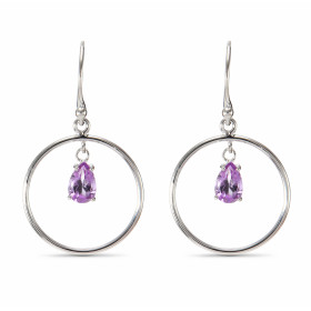 Boucles d oreilles Pendantes Argent Améthyste Poire Motif rond 17mm Argent 925 rhodié Pierres taille poire 7x5mm serties d...