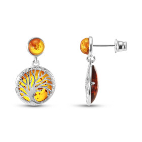 Boucles d oreilles pendantes argent 925 composées d un arbre vie dans un cercle 15mm diamètre fond une ambre couleur cogna...