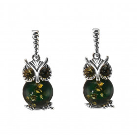 Boucles d'oreilles pendantes argent chouette et ambre verte