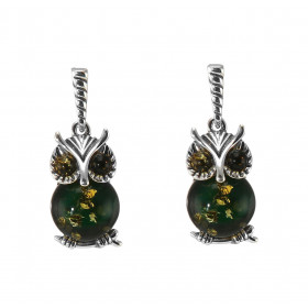 Boucles d oreilles pendantes argent composées d une chouette une ambre verte 10mm diamètre Système d attache : poussette b...