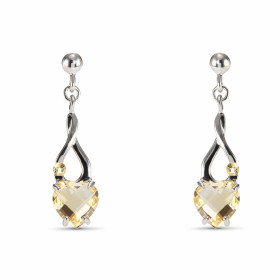 Boucles d'oreilles Pendantes Argent Citrine Coeur. Motif en Argent 925 rhodié serti d'une petite pierre ronde et d'une pie...