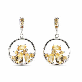 Boucles d'oreilles Pendantes Argent Citrine. Motif rond de 15mm en Argent 925 rhodié. Pierres de formes et tailles multipl...