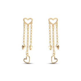 Boucles d'oreilles pendantes en argent doré composées de 2 coeurs, 3 chaînettes et 2 perles facetées. Largeur : 8mm. Longu...