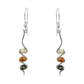 Boucles d'oreilles pendantes en argent avec 3 demi boules d'ambre de 4mm de diamètre. Ambre de couleur cognac, verte et ja...