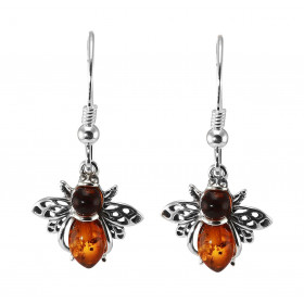 Boucles d'oreilles pendantes en argent en forme d'abeille avec 2 ambres qui forment le corps. Ambre de couleur cognac. Sys...