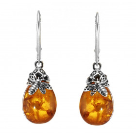 Boucles d oreilles pendantes argent composée d une ambre forme goutte de10x15mm une petite abeille argent Ambre couleur co...