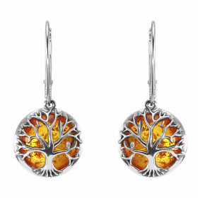 Boucles d'oreilles pendantes en argent composées d'une ambre de 13mm de diamètre avec au dos un arbre de vie en argent. Am...