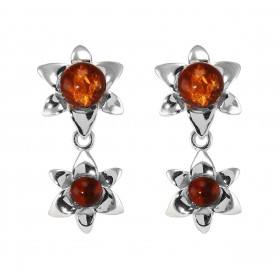 Boucles d oreilles pendantes argent composées 2 fleurs l ambre au centre chacune Ambre couleur cognac Système d attache : ...