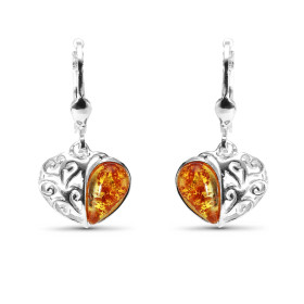 Boucles d'oreilles pendantes Argent et Ambre Forme Coeur