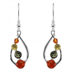 Boucles d'oreilles pendantes en argent en forme de navette avec 5 demi boules d'ambre. Ambre de couleur cognac, verte et j...