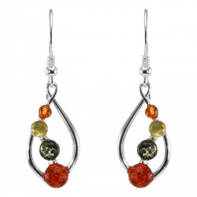 Boucles d oreilles pendantes argent forme navette 5 demi boules d ambre Ambre couleur cognac, verte jaune Système d attach...