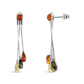 Boucles d oreilles pendantes argent 925 composées 3 ambres Multicolores (cognac verte jaune) 4x7,7mm une ambre ronde coule...