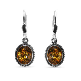 Boucles d'oreilles pendantes Argent et Ambre Vert. Dimensions d'une boucle (vue de face) : 32x11mm. Système de fermeture :...