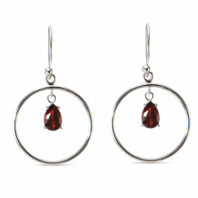 Boucles d oreilles Pendantes Argent Grenat Poire Motif rond 17mm Argent 925 rhodié Pierres taille poire 7x5mm serties dans...