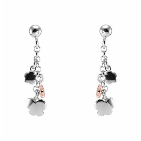 Boucles d'oreilles pendantes argent rhodié 2 tons fleurs et papillon