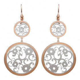 Boucles d&#39;oreilles pendantes en argent rhodié composées de 2 cercles de 16 et 34mm de diamètre en argent flashé or ros...