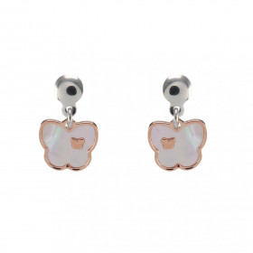 Boucles d'oreilles pendantes en argent rhodié flashé or rose composées d'un papillon en nacre. Largeur : 11mm. Longueur to...