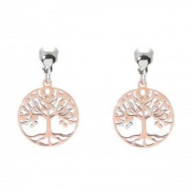 Boucles d'oreilles pendantes en argent rhodié composées d'un arbre de vie argent et argent flashé or rose dans un cercle d...