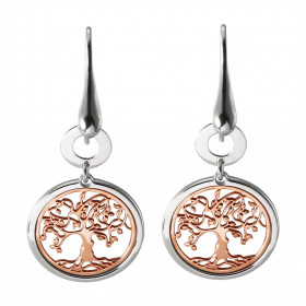 Boucles d'oreilles pendantes en argent rhodié composées d'un cercle de 8mm de diamètre et en dessous un arbre de vie en ar...