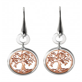 Boucles d oreilles pendantes argent rhodié composées d un cercle 8mm diamètre dessous un arbre vie argent flashé or rose d...