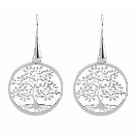 Boucles d'oreilles pendantes en argent rhodié composées d'un arbre de vie dans un cercle de 20mm de diamètre. Système d'at...