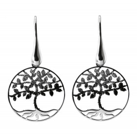 Boucles d'oreilles pendantes en argent rhodié composées d'un arbre de vie pailleté dans un cercle de 20mm de diamètre. Sys...