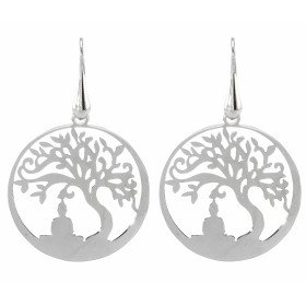 Boucles d'oreilles pendantes en argent rhodié composées d'un arbre de vie dans un cercle de 30mm de diamètre. Système d'at...