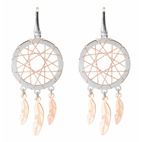 Boucles d'oreilles pendantes en argent rhodié en forme d'attrape rêve composées d'un cercle 25mm de diamètre entouré d'un ...