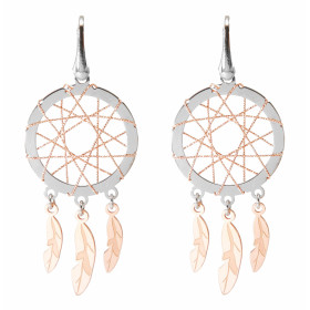 Boucles d oreilles pendantes argent rhodié forme d attrape rêve composées d un cercle 25mm diamètre entouré d un fil d arg...