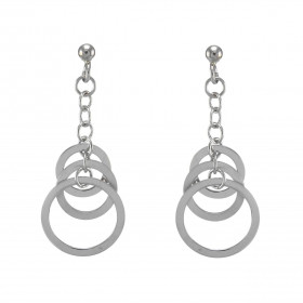 Boucles d'oreilles pendantes en argent rhodié composées de 3 cercles dont 1 satiné suspendus a une chaînette. Largeur : 16...