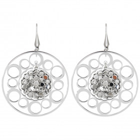 Boucles d'oreilles pendantes en argent rhodié composées d'un cercle de 40mm de diamètre ajouré de cercles et d'une pastill...