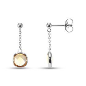 Boucles d oreilles Pendantes Argent Rhodié 925 composées d une citrine coussin 6x6mm Chaîne maille forçat ronde 1,4mm Larg...
