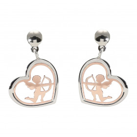 Boucles d oreilles pendantesen argent rhodié composées d un coeur 15x18mm un cupidon au centre argent flashé or rose Systè...