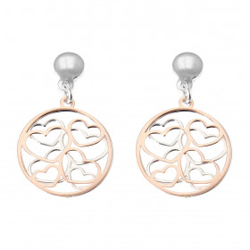 Boucles d'oreilles pendantes en argent rhodié composées d'un cercles ajouré de coeurs en argent et argent flashé or rose. ...