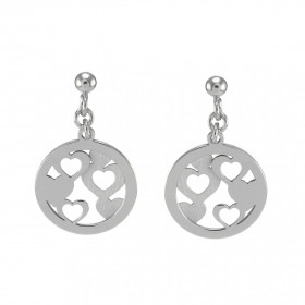 Boucles d oreilles pendantes argent rhodié composées coeurs argent argent satinés dans un cercle 15 mm diamètre Longueur t...