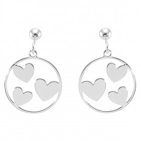Boucles d oreilles pendantes argent rhodié composées d un cercle 15mm diamètre ajouré coeurs Système d attache : poussette...