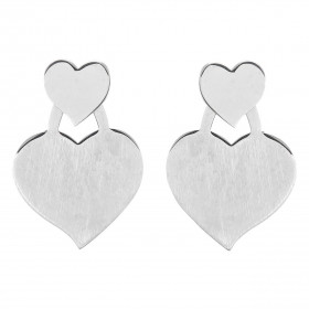 Boucles d'oreilles pendantes en argent rhodié composées d'un coeur qui se pose sur le lobe de 11x11mm et d'un grand coeur ...