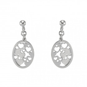 Boucles d'oreilles pendantes en argent rhodié composées de coeurs en argent et argent satinés dans un ovale de 12mm de lar...