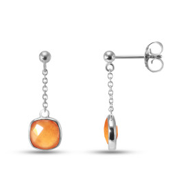 Boucles d oreilles Pendantes Argent Rhodié 925 composées d une cornaline coussin 6x6mm Chaîne maille forçat ronde 1,4mm La...