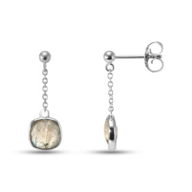  Boucles d oreilles Pendantes Argent Rhodié 925 composées d une labradorite grise coussin 6x6mm Chaîne maille forçat ronde...