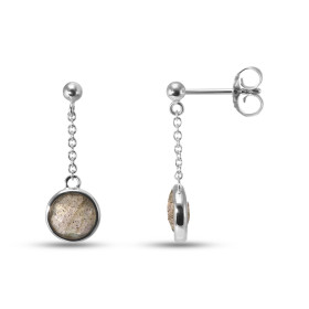  Boucles d oreilles Pendantes Argent Rhodié 925 composées d une labradorite grise ronde facetée 7mm diamètre Chaîne maille...