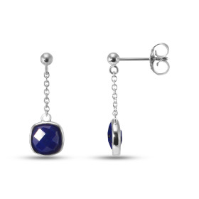 Boucles d oreilles Pendantes Argent Rhodié 925 composées d un lapis lazuli coussin 6x6mm Chaîne maille forçat ronde 1,4mm ...