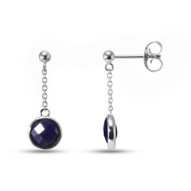 Boucles d oreilles Pendantes Argent Rhodié 925 composées d un lapis lazuli rond faceté 7mm diamètre Chaîne maille forçat r...